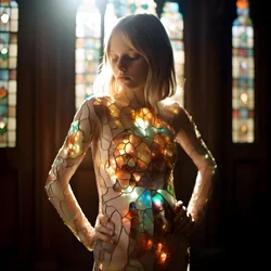 Pretty Blonde Girl Aged 14 Wearing a Colorful Tiffany Stained Glass Dress 3