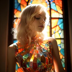 Pretty Blonde Girl Aged 14 Wearing a Colorful Tiffany Stained Glass Dress 4
