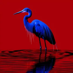 Synthwave Digital Fine Art Piece of an Exotic Cobalt Blue Egret on Red Paper 2