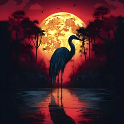 Water and a Big Bird Standing in the Evening Setting for Full Moon 2