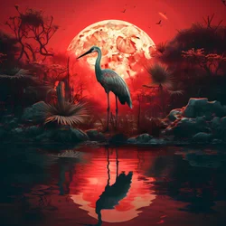Water and a Big Bird Standing in the Evening Setting for Full Moon 4
