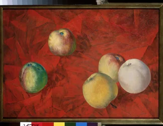 Apples On The Red Background. Painting by Kuzma Sergeyevich Petrov Vodkin