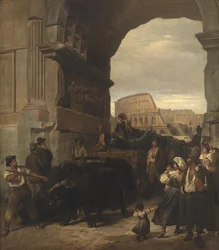 Roman Workmen Transporting an Antique Imperial Statue from the Colosseum through the Arch of Titus to the Capitoline Museums