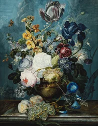 Roses, a Tulip, an Iris, Dahlias, Lamium, Forget-me-nots, Convolvulus, Auricula and Delphiniums in a Vase with Grapes and Peaches on a Stone Ledge