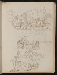 A garden and laundry scene with female figures inscribed 