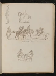 Soldier in full uniform, studies of a youth with fishing rod on horseback, four men on horseback inscribed 