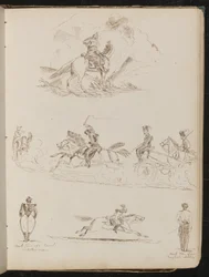 Study of Soldiers on Horses Pulling Cannon, Two Views of Artillery Men, a Soldier in Full Dress on Galloping Horse