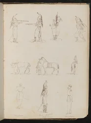 Ten Studies of Soldiers, Horses, Woman Riding Side-Saddle