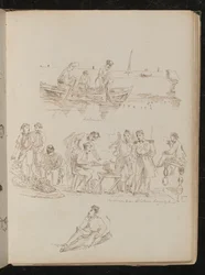 Three figures in a rowing boat inscribed 