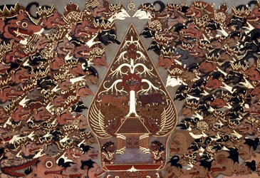Painting in Wayang Beber style inspired by the shadow theatre Wayang Kulit, Mangkunegaran Palace, Surakarta, Java, Indonesia