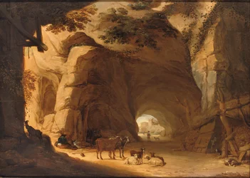 Herdsmen and their cattle resting in a grotto