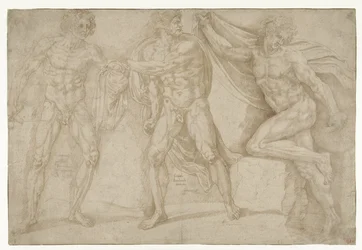 Three nude men in different poses