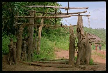 A spirit gate at the entrance of an Akkha village