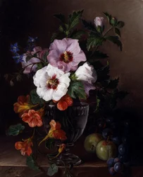 Still Life of Hibiscus and Nasturtiums in a Glass Vase