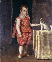 Portrait of a Boy, full-length, wearing a silver-embroidered red costume, holding the paw of a spaniel on a table