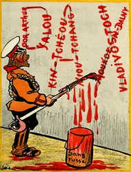 Russian Czar Painting the Word Pax or Peace, Made Up of the Names of Lost Battles Using Russian Blood