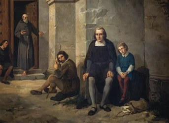 Christopher Columbus with his son in monastery of Santa Maria de La Rabida, Spain