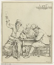 Three Men at a Table Smoking and Drinking