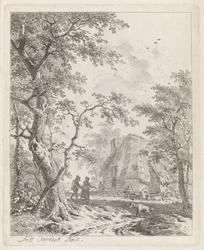 Two walkers by a farm (Landscapes with figures)