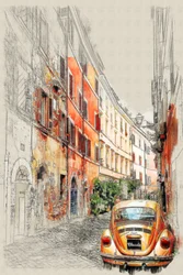 Vintage Car City Sketch
