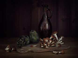 Artichokes and Mushrooms Still Life