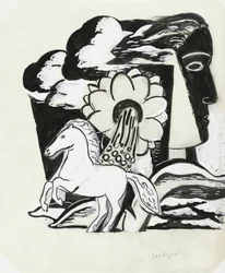 Rearing Horse, Flower and Head (sketch)