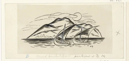 Two Sailing Ships in Front of an Island with Mountains