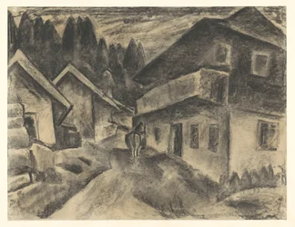 Village Scene with Man and Cow on Village Road