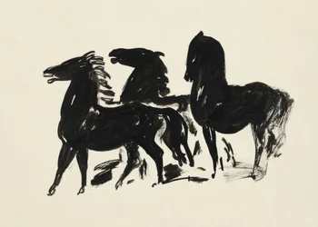 Three Black Horses Standing Looking Left (1935-1936), Drawing in High Resolution by Leo Gestel