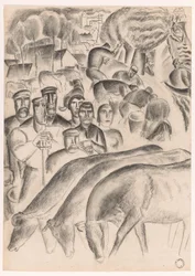 Grazing Cows, Farmers, and Workers in the Field