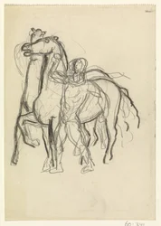 Man Holding Two Horses in Check