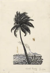 Palm Tree with an Island and a Volcano in the Background