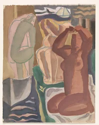 Two Bathing Women and a Figure from Behind