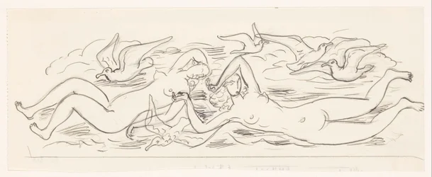 Two Naked Swimming Women and Five Seagulls
