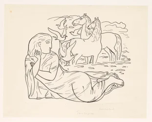 Woman Lying on the Beach with Two Horses and Some Seagulls