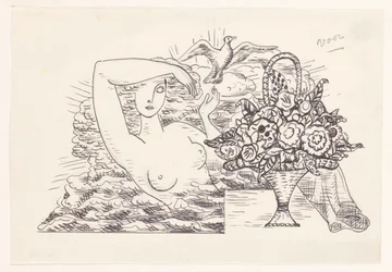 Female Nude in the Waves Releasing a Bird, with a Basket of Flowers in the Foreground