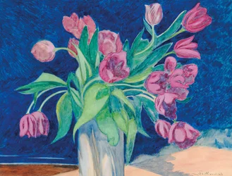 Pink Tulips in a Vase, in the Background a Seascape with Dunes