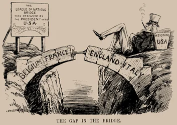 The Gap in the Bridge. Cartoon on the absence of the USA in the League of Nations, Dec 1919.