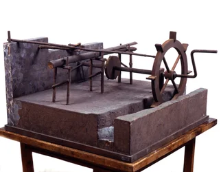 Wooden model of hydraulic saw operated by gears and water. Made after drawing by Leonardo da Vinci (1452-1519) Museum of Science and Technology, Milan
