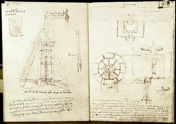 Architecture and military art: left page: spiral staircase around a tower. Drilling a beam. Right page: entrance plan of a fortified city. Plan and elevation of a circular tower fortified at sea. Manuscript by Leonardo da Vinci