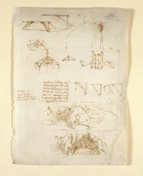 Notes and diagrams; sketches of mountains and a cave, from 