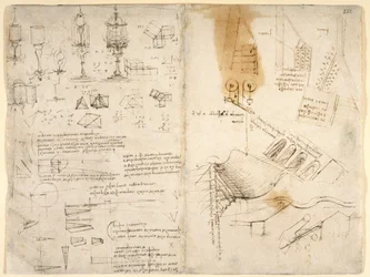 Sketches of hinged lamps; notes on mechanics; mathematical calculations; geometrical sketches