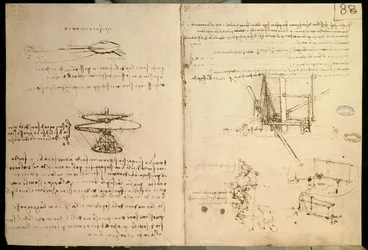 Flying machines, one of the first drawings of a helicopter-like flying machine, c. 1487