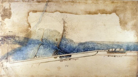 Study for the Exploitation of Water Force in Hydraulic Machines (Noria) by Leonardo da Vinci (1452-1519). Drawing with Pen and Ink