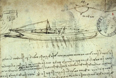 Study of boat equipped with a series of oars by Leonardo da Vinci (1452-1519). Drawing with pen and ink. Manuscript. Library of the Institut de France. Paris