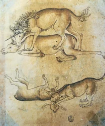 Unicorn attacking a cow and leopard attacking a sheep, study of animals