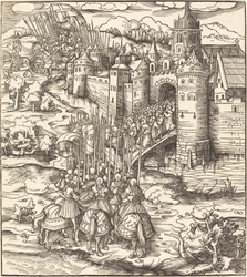 Various Men Kneeling on a Bridge in front of a Town