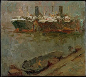 Barge at the Pier, Two Passenger Steamers in the Background