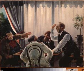 Card Game. (Four men gathered around a playing table, two of them arguing, the other two waiting). Painting by Leonid Ivanovich Solomatkin (1837-1883)