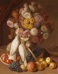Floral still life with fruit and cockatiels